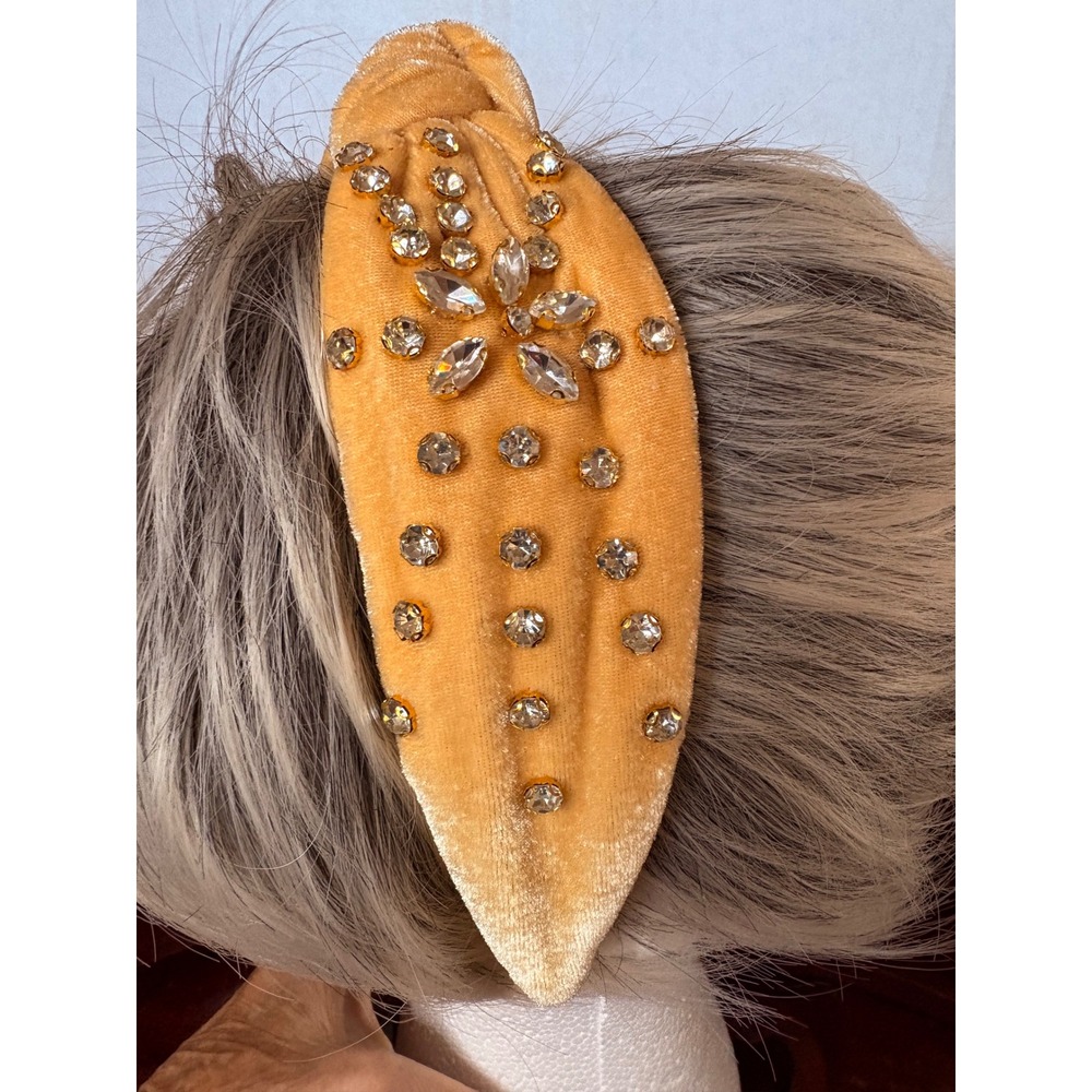 Mustard Yellow Velvet Top Knot Headband Rhinestone Crystal Embellished Statement - Picture 2 of 3
